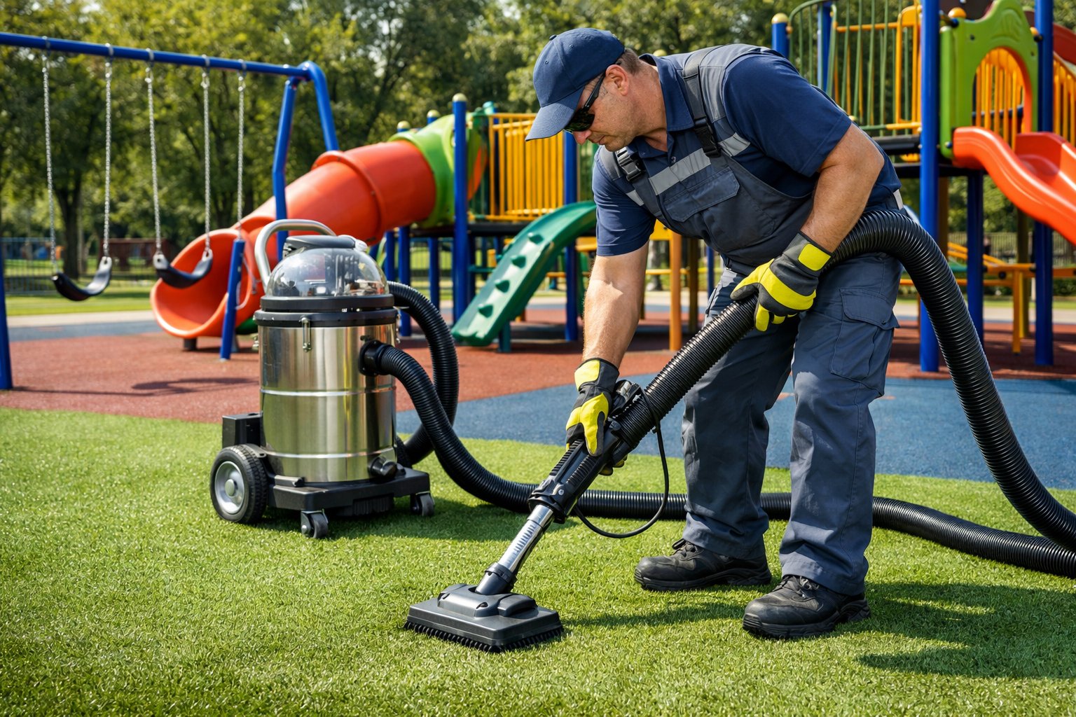 A maintenance worker cleaning and inspecting artificial playground turf with playground equipment in the background.