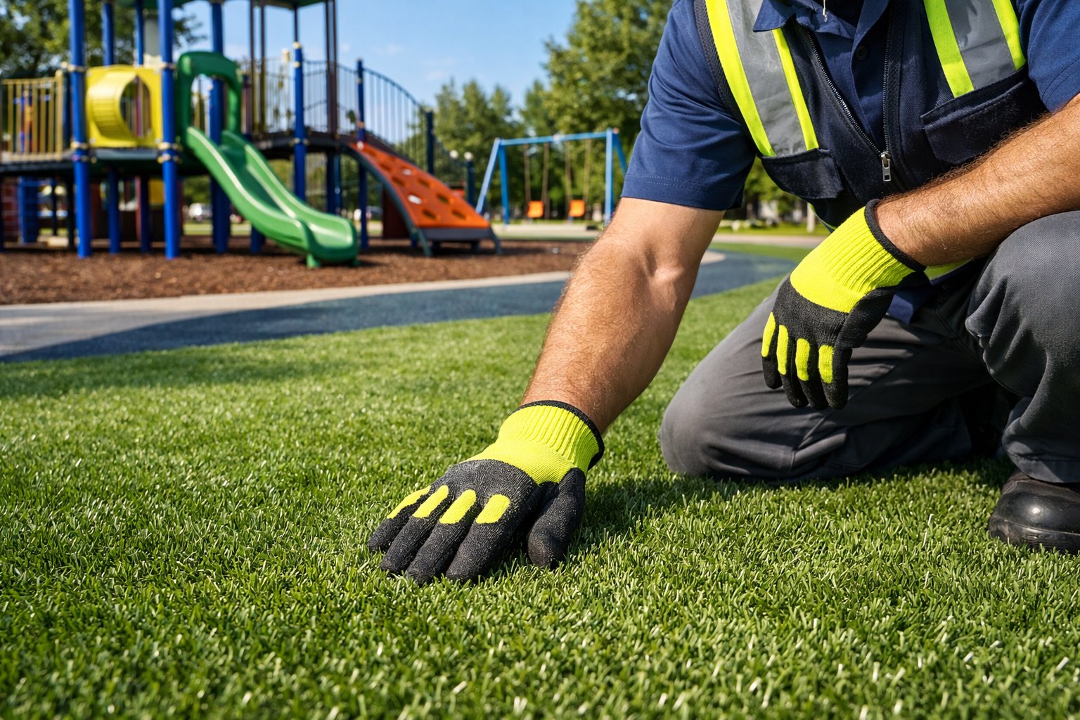 A clean playground with green artificial turf and a worker inspecting the surface near playground equipment.
