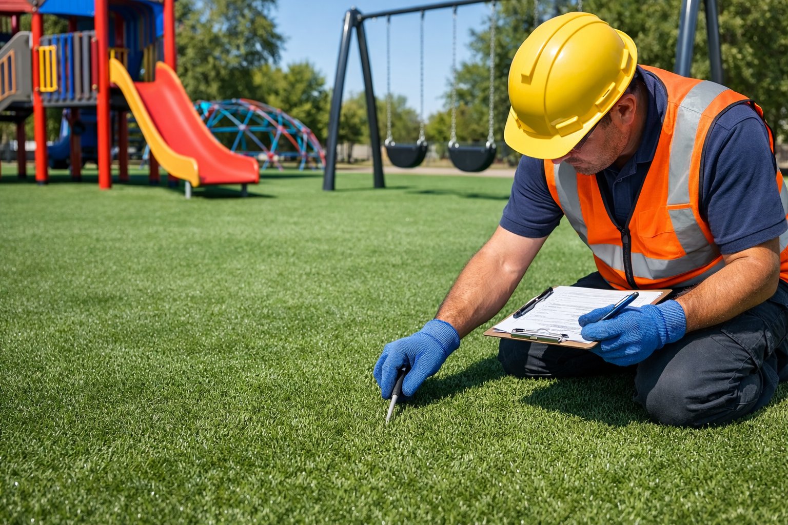 A maintenance worker inspects clean, green playground turf near playground equipment on a sunny day.