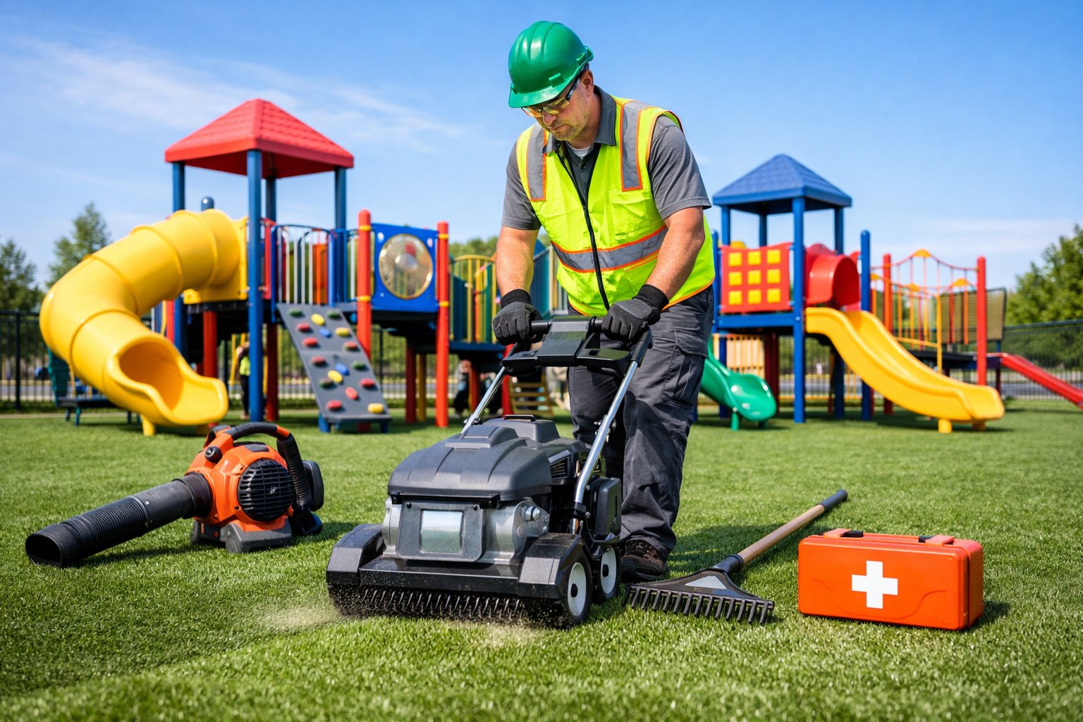A worker in safety gear cleaning and inspecting artificial turf at a playground with play structures in the background.
