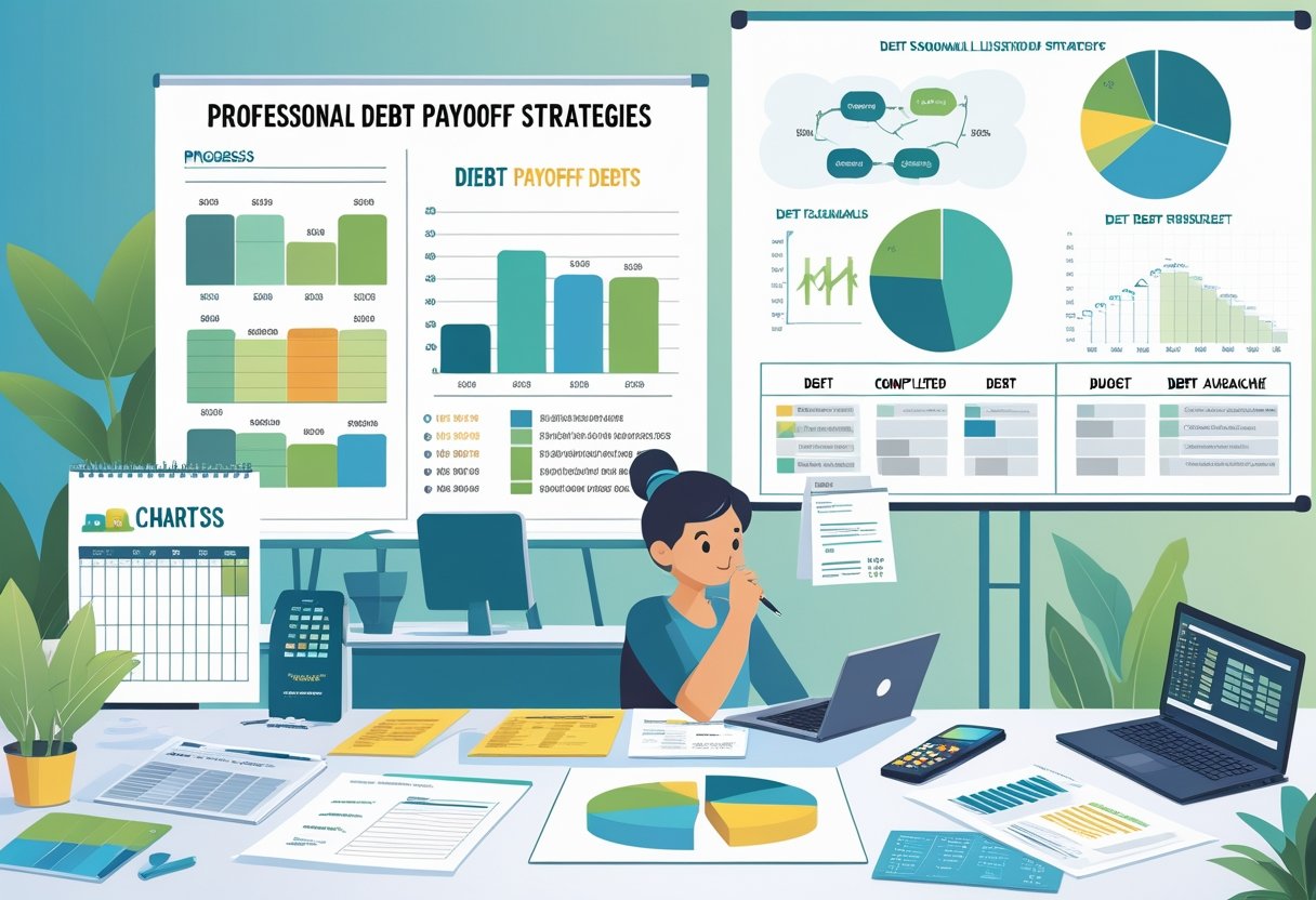 A person analyzing charts and documents on a desk with a calendar and whiteboard showing debt payoff strategies.