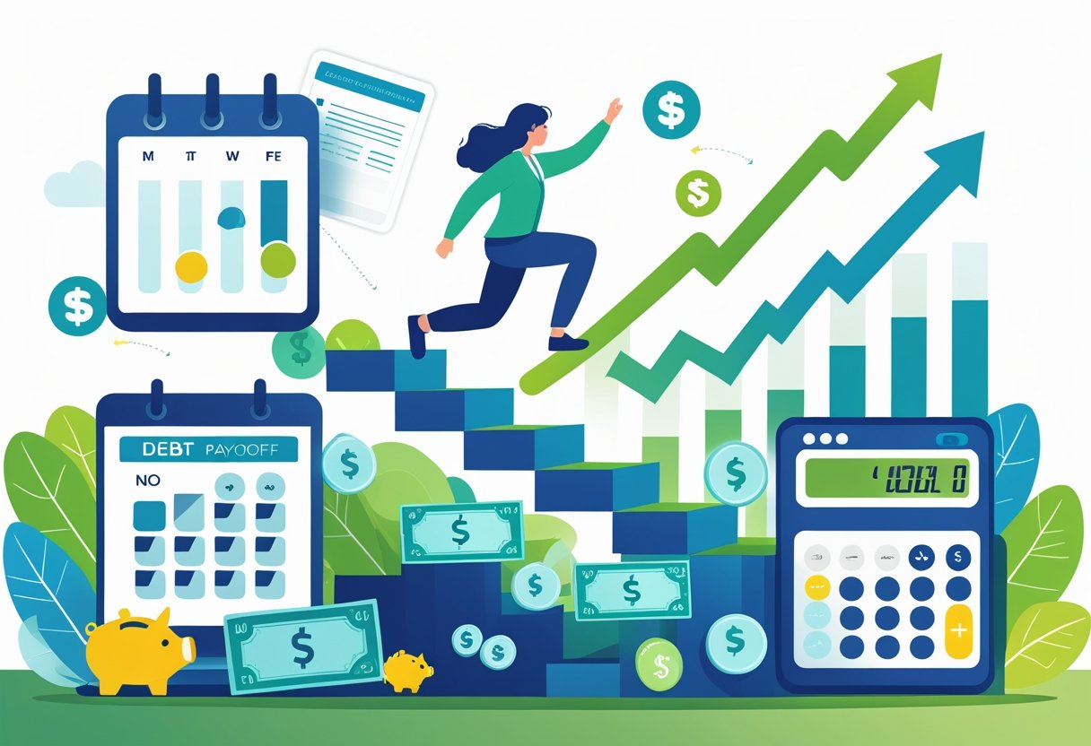 A person climbing steps made of money surrounded by financial icons like a calendar, calculator, and charts showing progress.