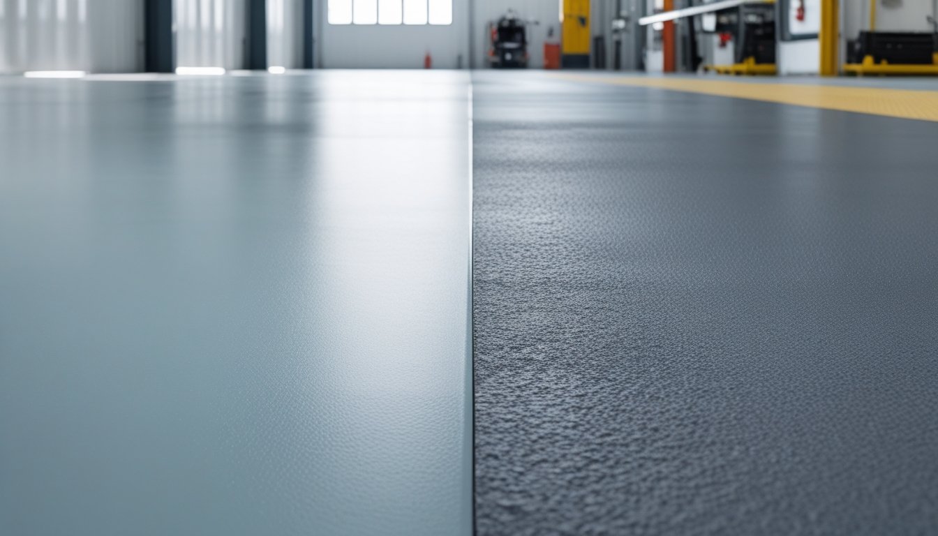 A split industrial floor showing two types of flooring side by side, one smooth and glossy, the other textured and darker, in a clean industrial space.