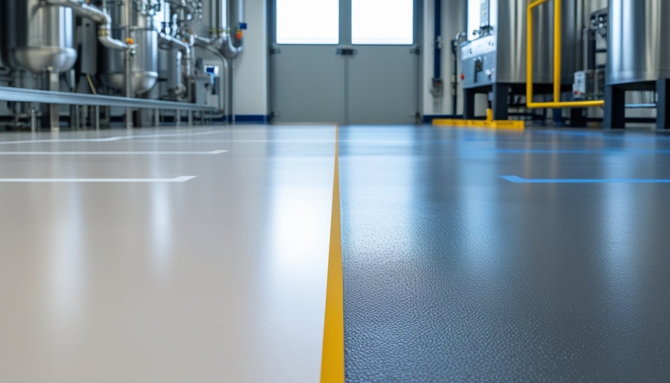 A factory floor divided into two sections showing different flooring materials with industrial equipment in the background.