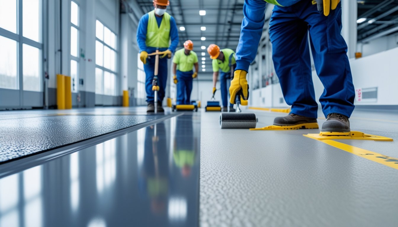 Workers installing two types of industrial flooring side by side in a bright warehouse, showing different floor textures and finishes.
