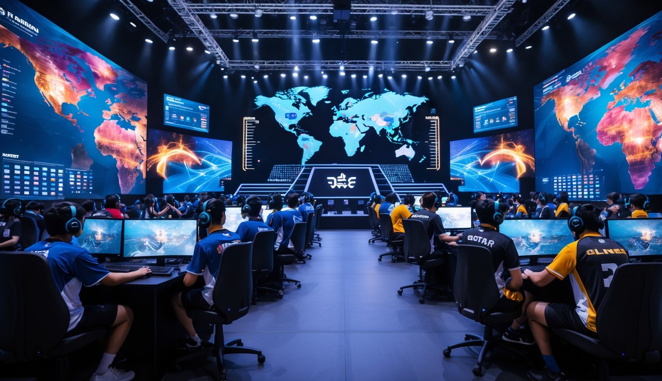 Para pemain e-sports sedang bermain di arena turnamen global dengan layar besar menampilkan permainan dan peta dunia di latar belakang.