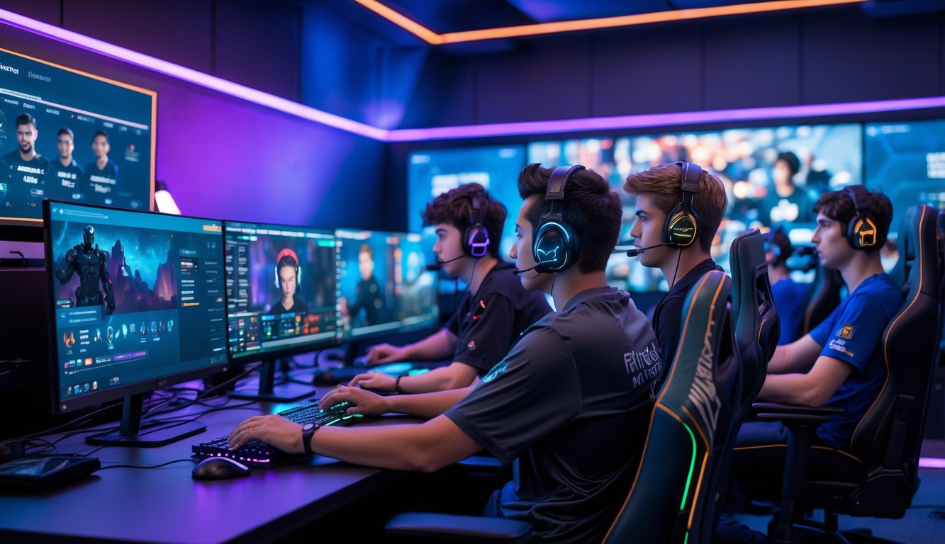 Beberapa orang muda sedang memantau pertandingan e-sports kompetitif dengan monitor besar dan perangkat gaming di ruangan modern.