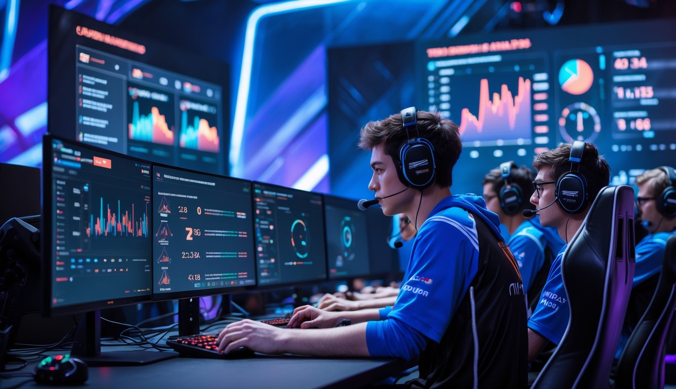 Sekelompok pemain e-sports profesional sedang fokus bermain di depan monitor dengan tampilan data dan analisis tim di latar belakang.