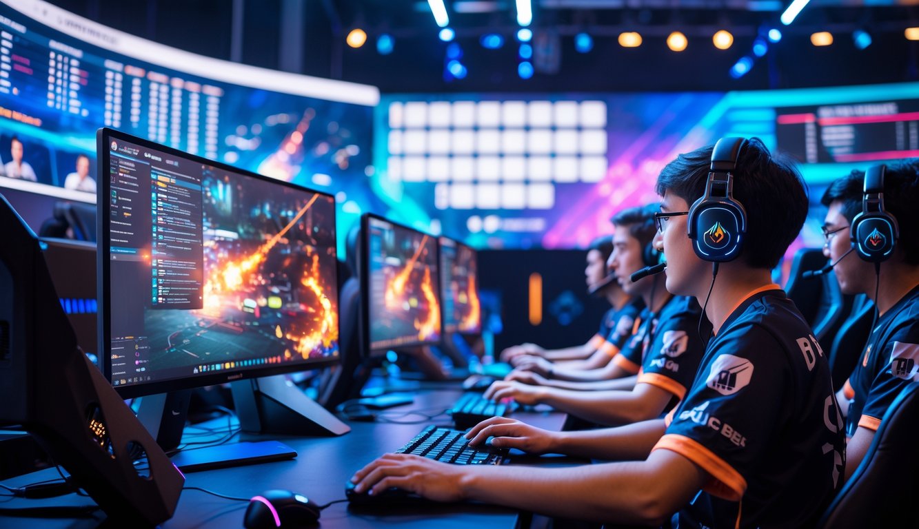 Sekelompok pemain e-sports sedang bermain game di depan komputer dengan layar besar menampilkan jadwal pertandingan di latar belakang.