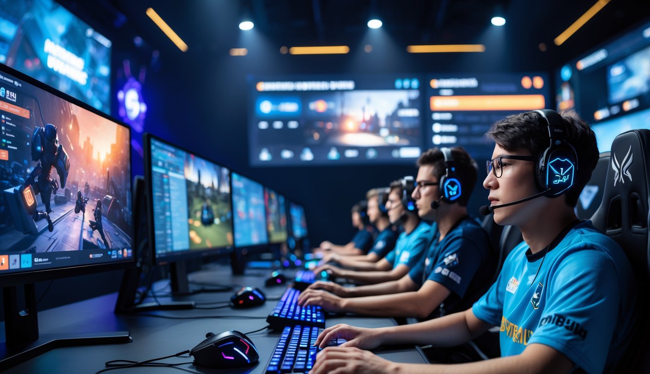 Sejumlah pemain e-sports sedang fokus bermain di depan komputer dengan layar besar dan peralatan gaming di sebuah arena kompetisi online yang modern.