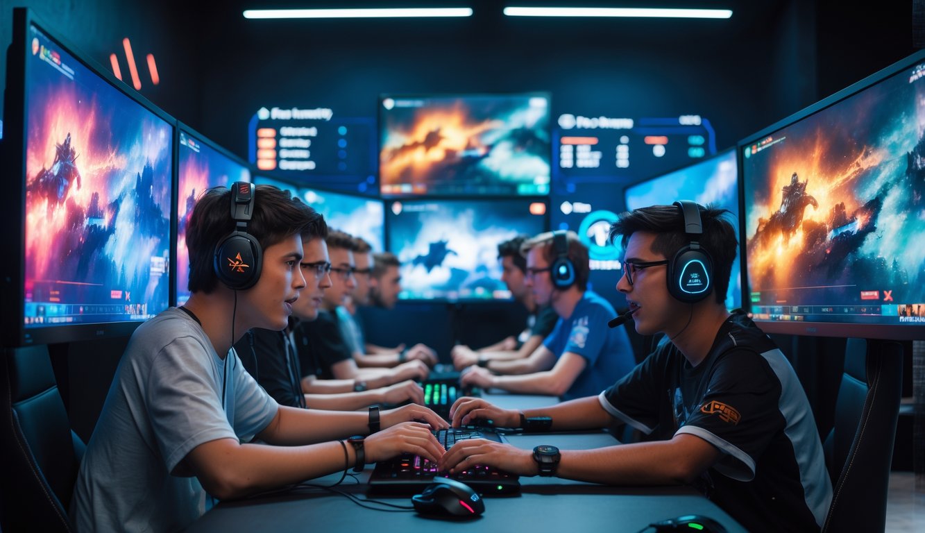 Sekelompok orang muda sedang fokus bermain e-sports dengan layar komputer besar menampilkan permainan dan statistik pertandingan secara real-time.