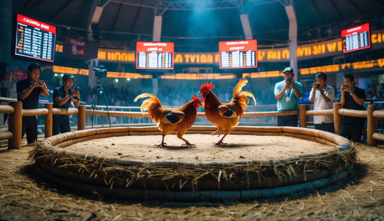 Dua ayam jantan bertarung di arena sabung ayam dengan penonton menonton dan kamera merekam pertandingan secara langsung.