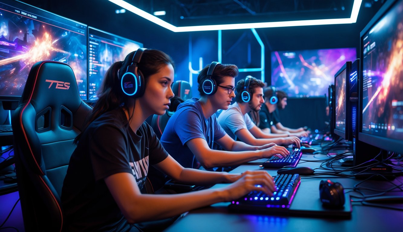 Sekelompok orang muda sedang bermain game komputer secara kompetitif di ruangan dengan komputer dan pencahayaan modern.