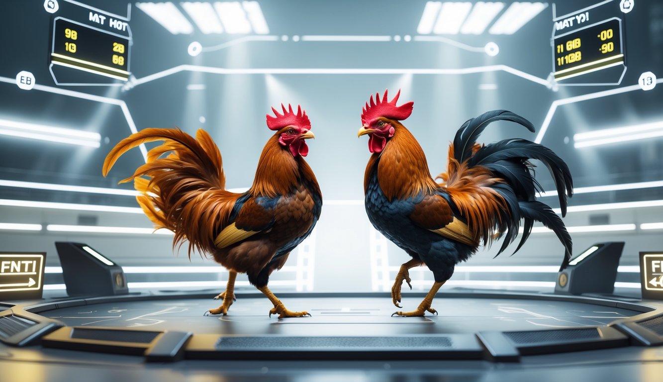 Dua ayam jago sedang bertarung dalam arena digital dengan tampilan sistem pertandingan yang teratur dan modern.