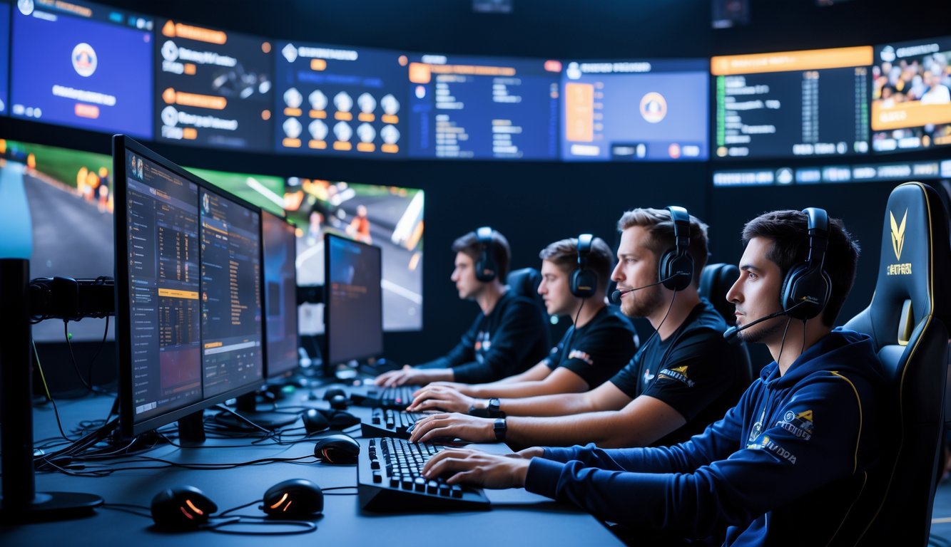Seorang analis e-sports profesional memantau pertandingan online menggunakan beberapa monitor di ruang gaming modern.
