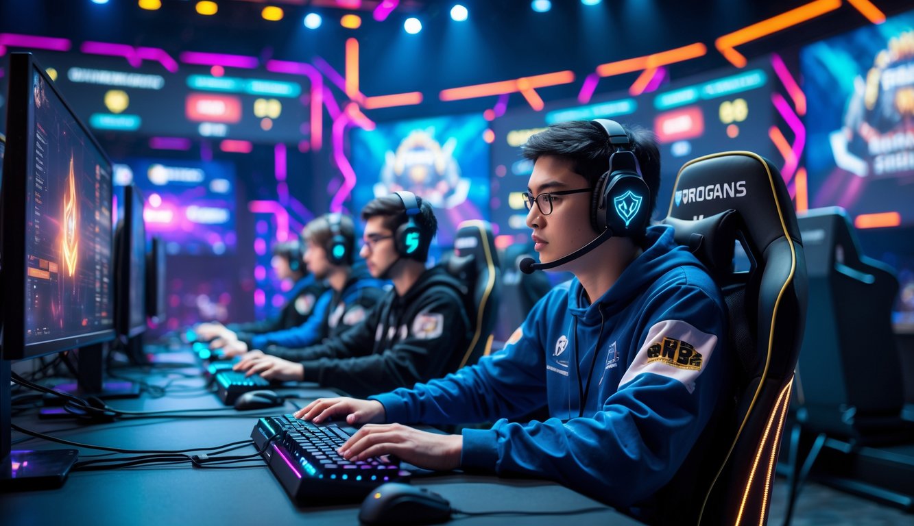 Sejumlah pemain e-sports serius bermain di arena turnamen dengan layar besar menampilkan permainan dan suasana kompetitif.