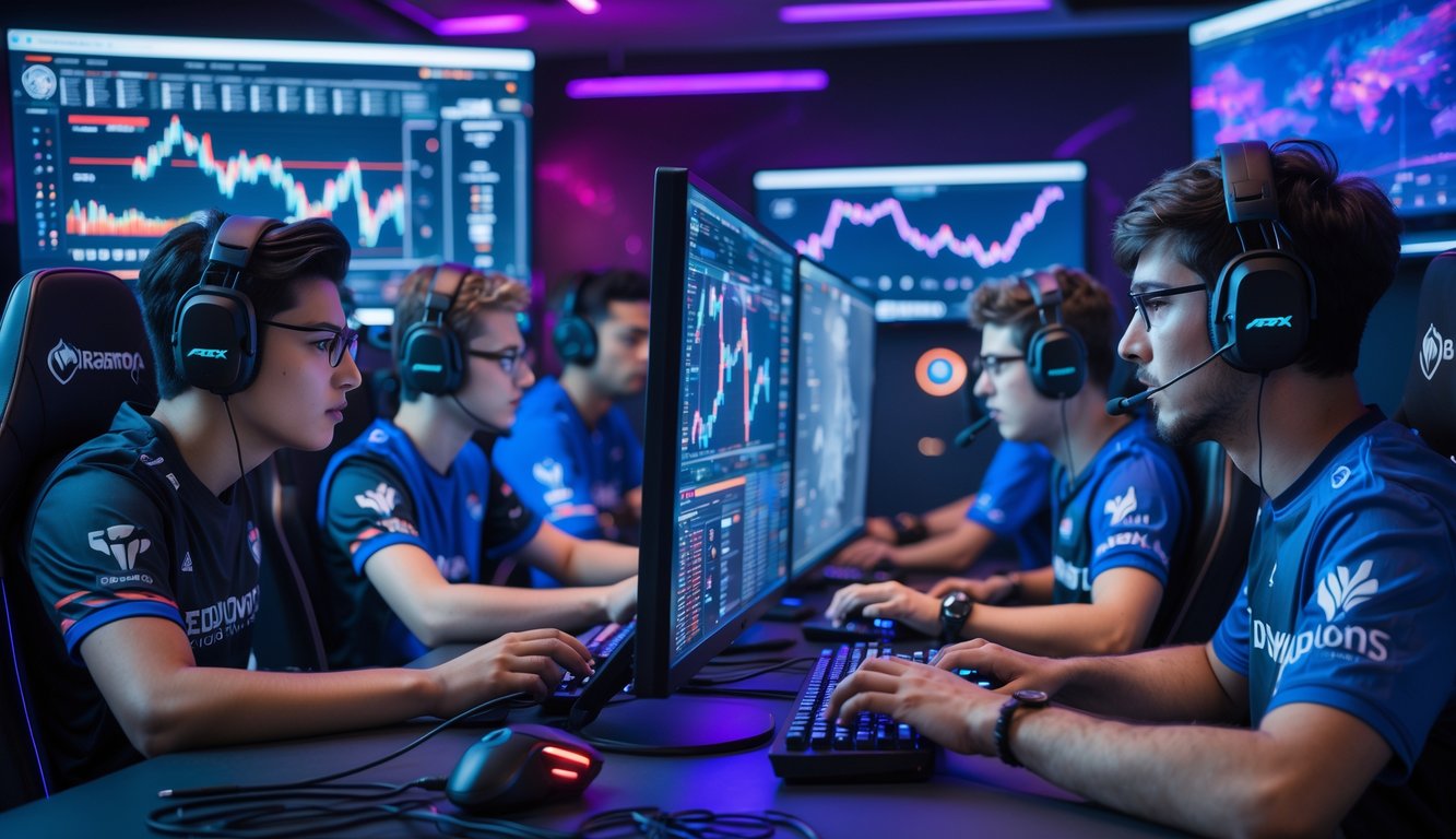 Sekelompok pemain e-sports profesional sedang bermain game online dengan fokus pada analitik tim di sebuah studio gaming modern.