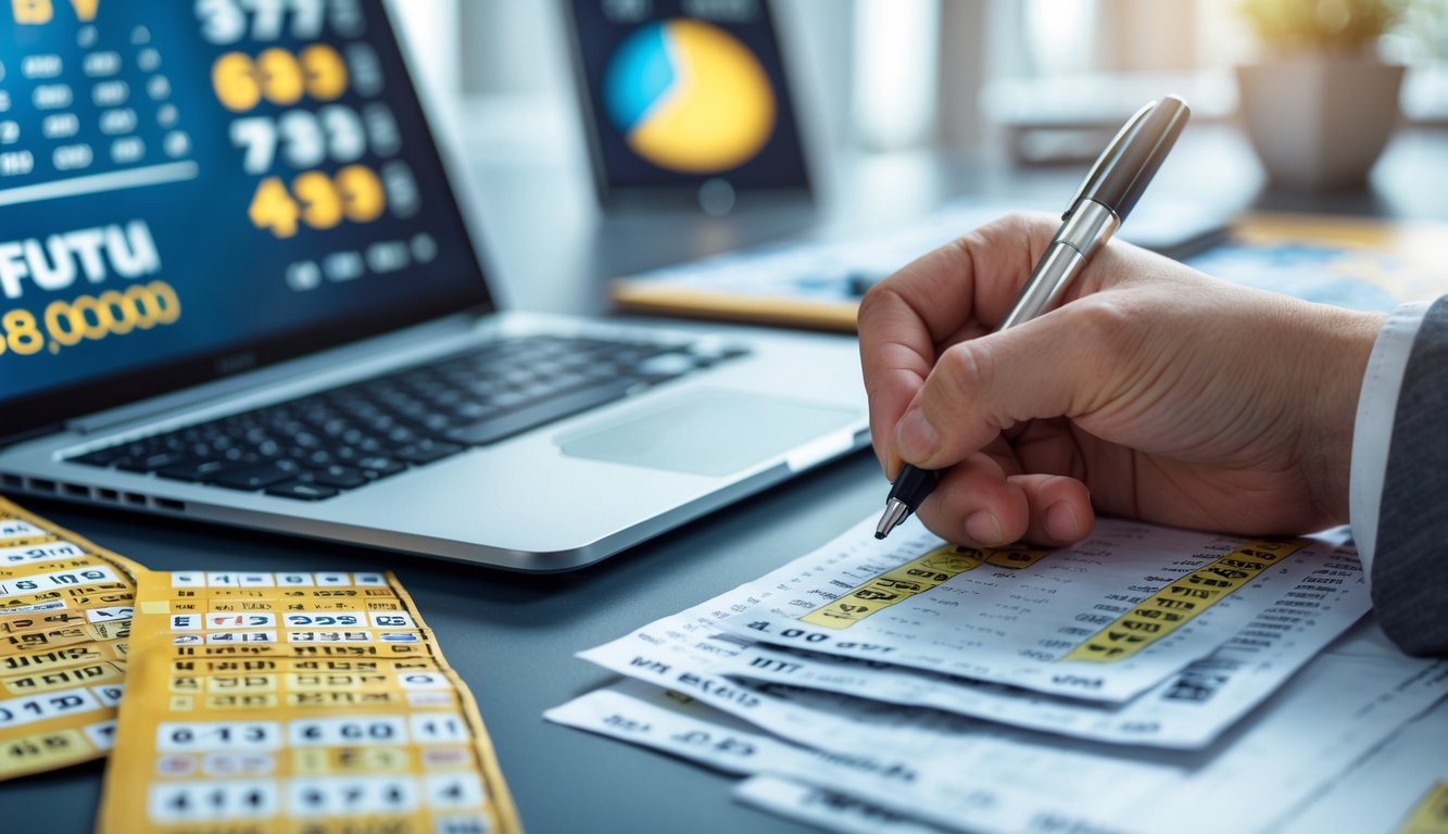 Meja kerja dengan laptop, tiket lotre, dan tangan yang memegang pena sedang menandai angka.