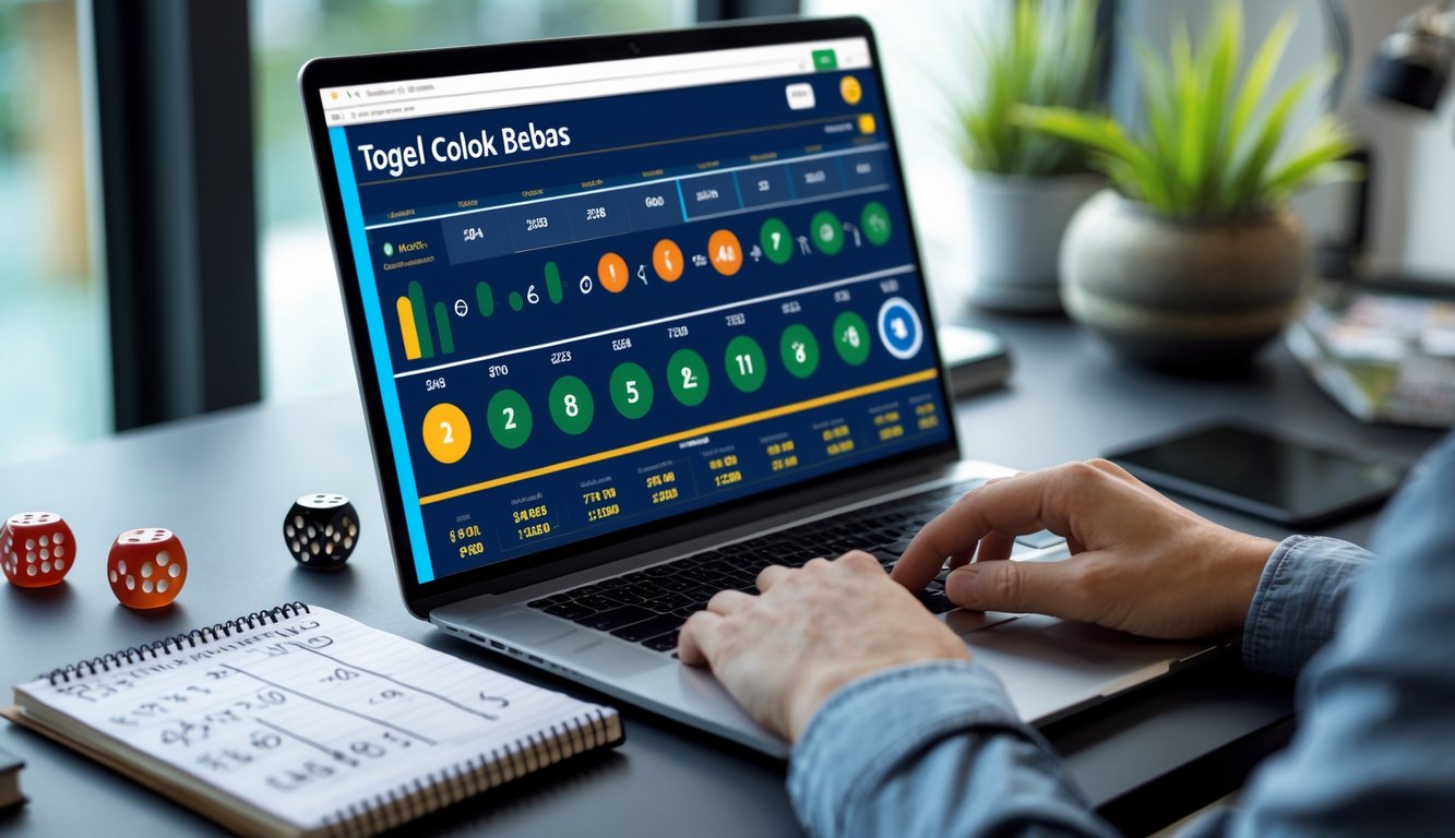 Meja kerja dengan laptop yang menampilkan antarmuka lotre digital, dadu, bola lotre, dan catatan tulisan tangan di ruang kerja rumah yang terang.