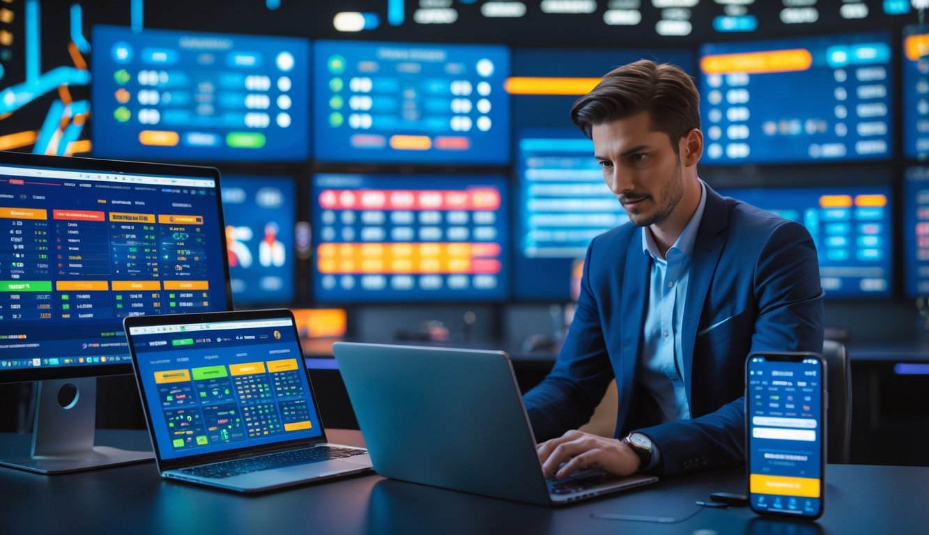 Seseorang menggunakan komputer dan ponsel dengan layar yang menampilkan skor olahraga secara langsung di ruang kerja modern.