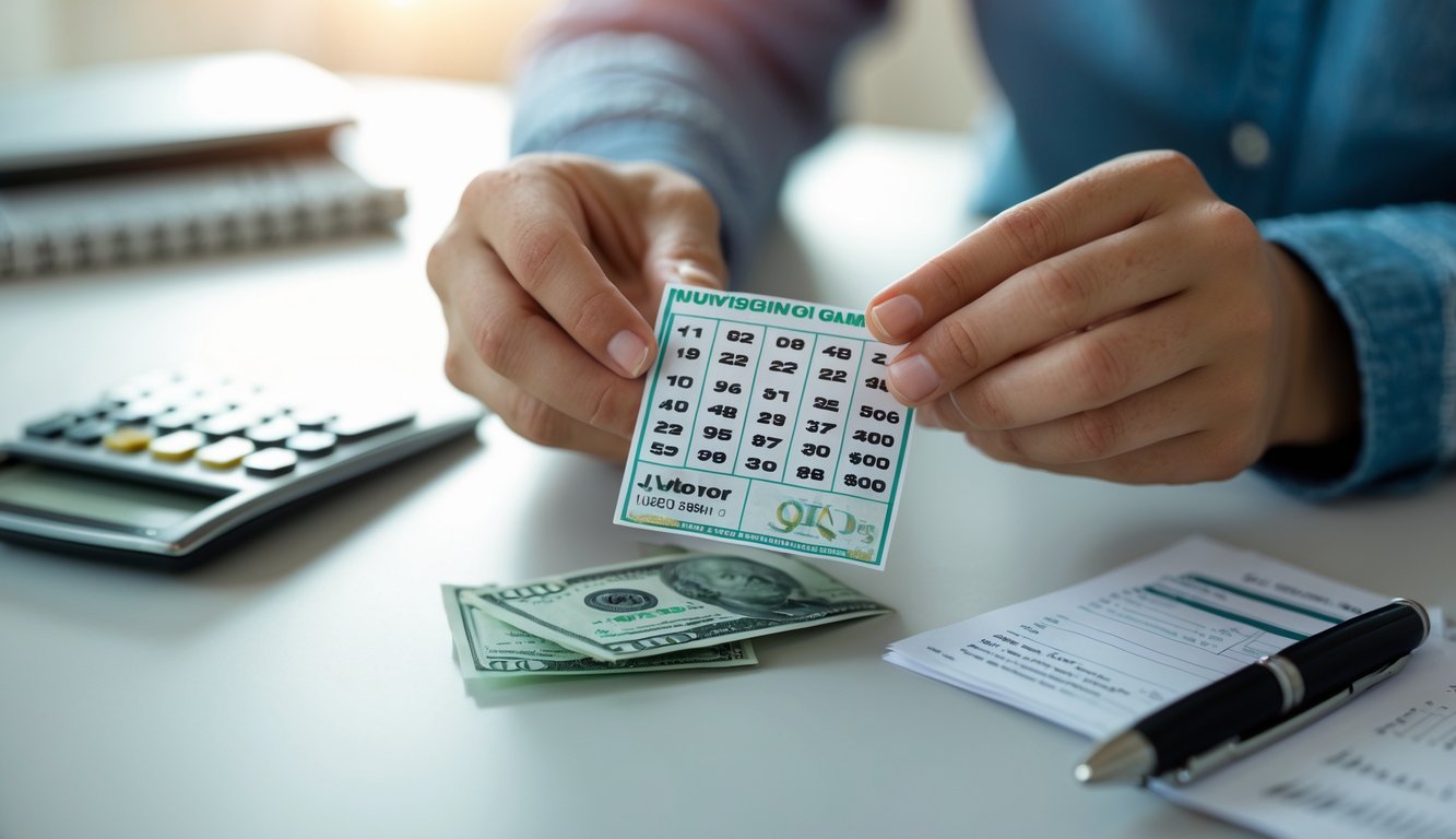 Tangan seseorang memegang beberapa tiket lotre dengan uang tunai di meja, menggambarkan investasi kecil dalam permainan lotre.