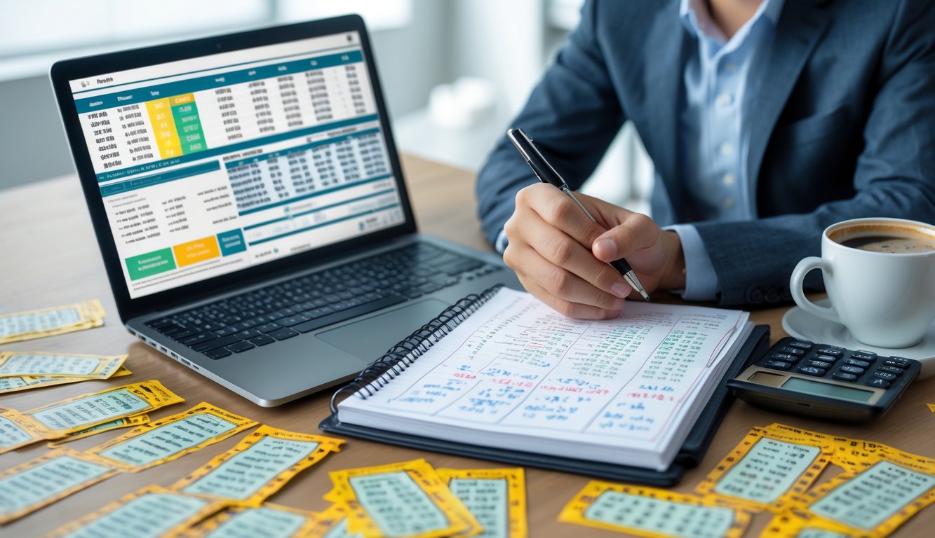 Seseorang sedang menganalisis strategi togel di meja kerja dengan laptop, catatan, dan tiket togel.