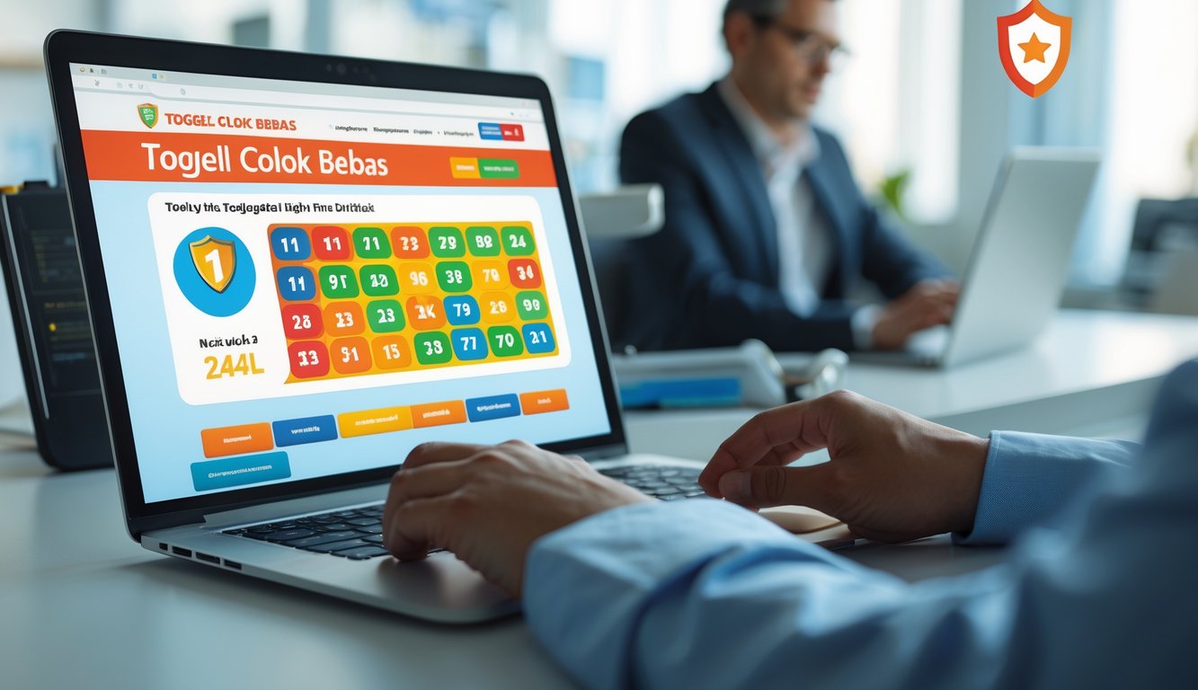 Seorang pria duduk di depan laptop dengan tampilan situs togel online yang menampilkan angka dan simbol lotere, di ruang kerja yang rapi dan terang.