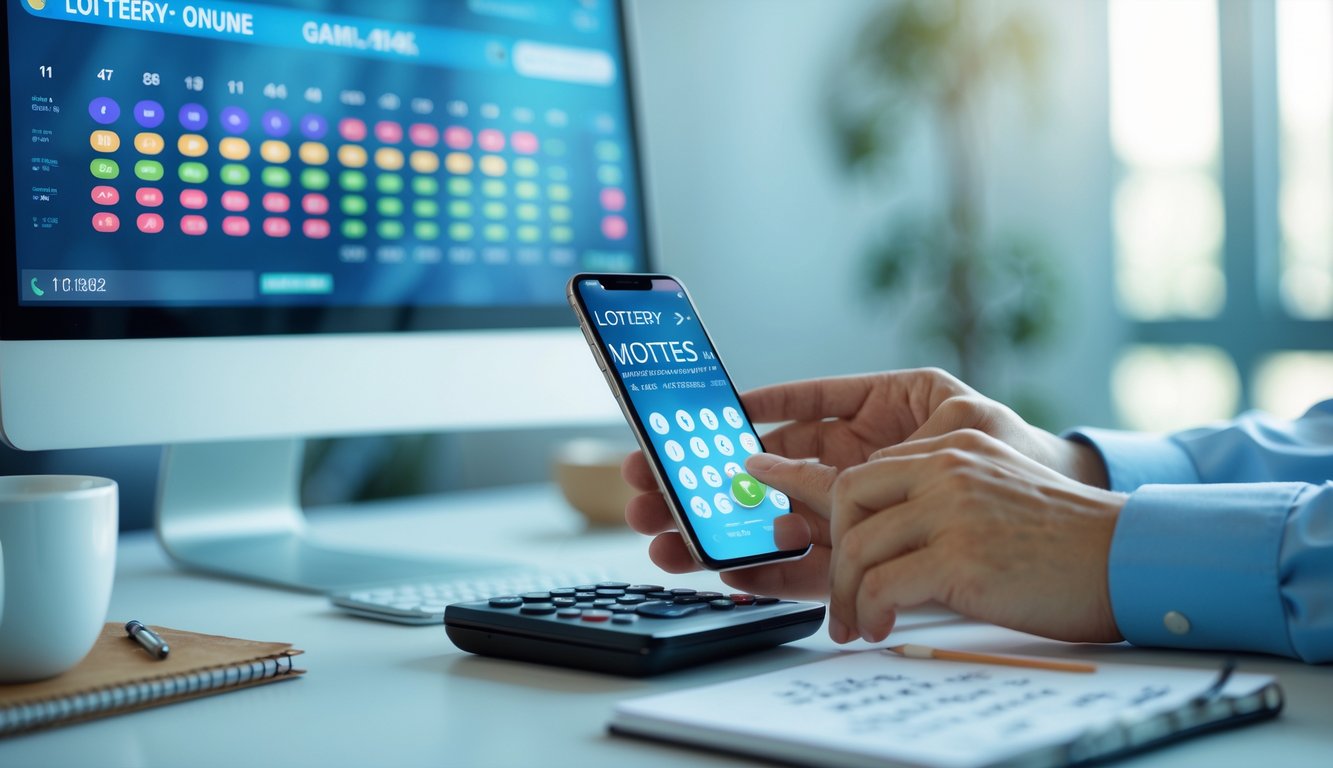 Meja kerja modern dengan komputer dan tangan yang menggunakan ponsel dan kalkulator, menunjukkan aktivitas terkait lotere.
