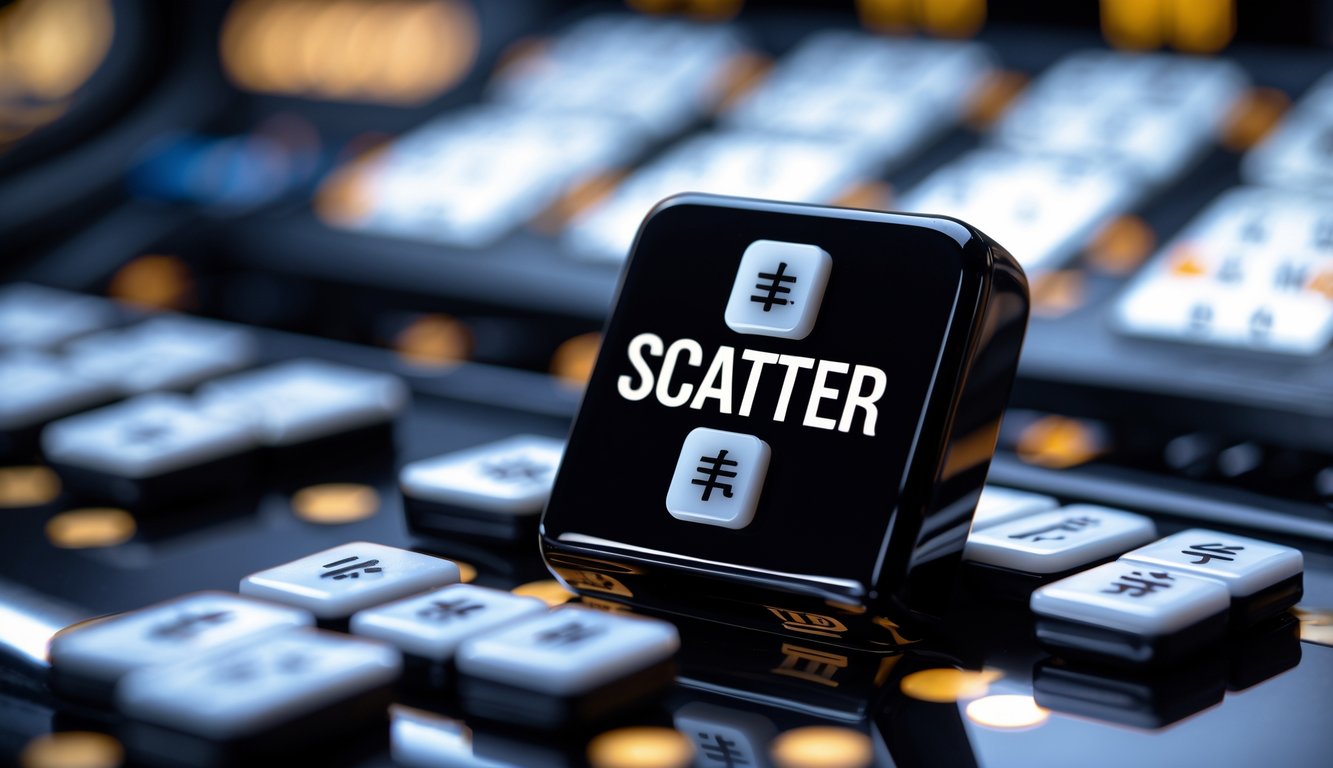 Foto close-up ubin mahjong hitam dengan simbol scatter di atas mesin slot.