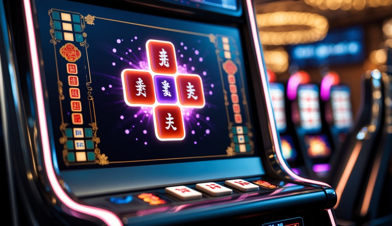 Mesin slot modern dengan tema mahjong berwarna hitam dan simbol scatter yang menyala di layar dalam suasana kasino.