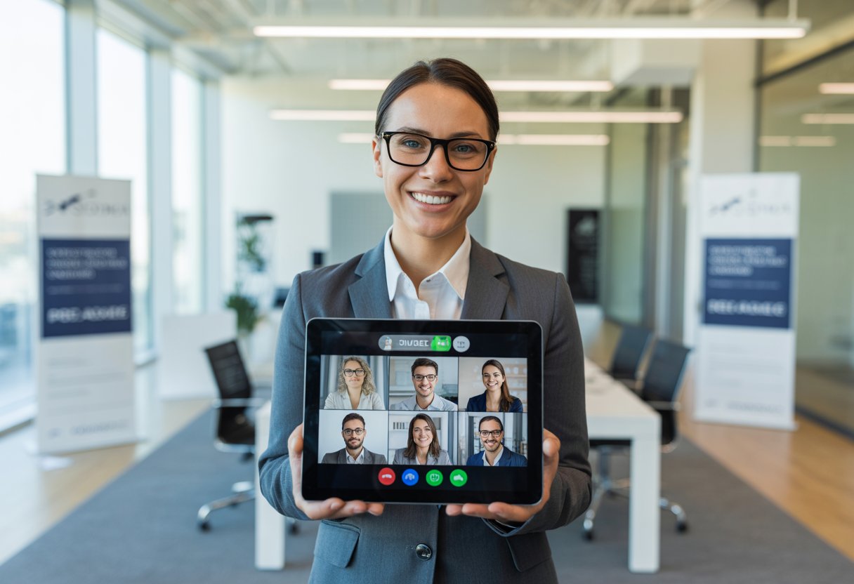 A real estate agent holding a tablet showing a video call with multiple agents in a modern office setting.