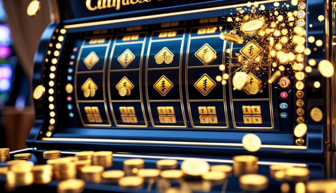 Mesin slot dengan simbol mahjong hitam dan emas menampilkan kemenangan jackpot besar dengan koin dan cahaya terang.