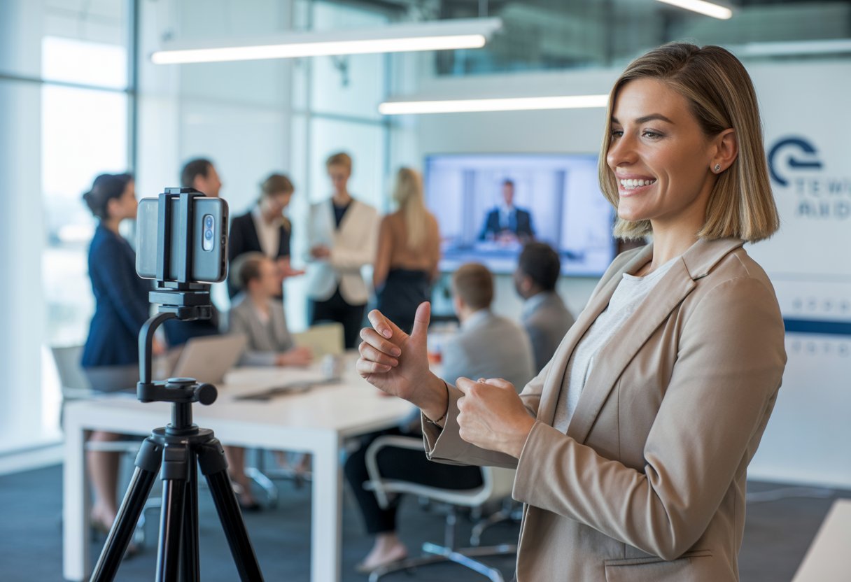 A businesswoman recording a video on a smartphone while a group of real estate agents watch a presentation in a modern office.