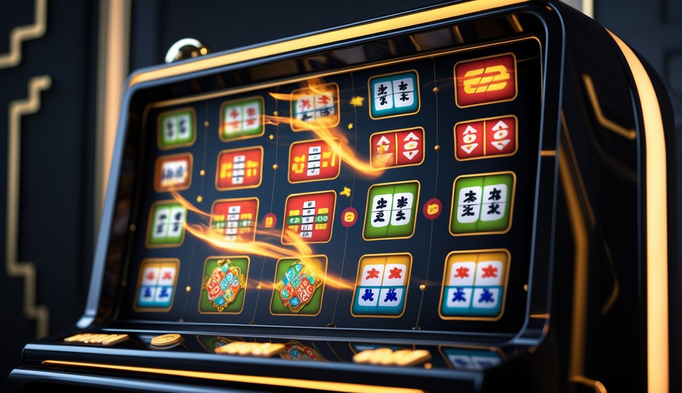 Mesin slot hitam dengan ubin Mahjong yang tersebar di layar dalam suasana kasino yang mewah.