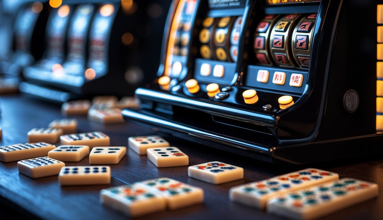 Meja kayu gelap dengan mesin slot hitam dan beberapa ubin mahjong yang tersebar.