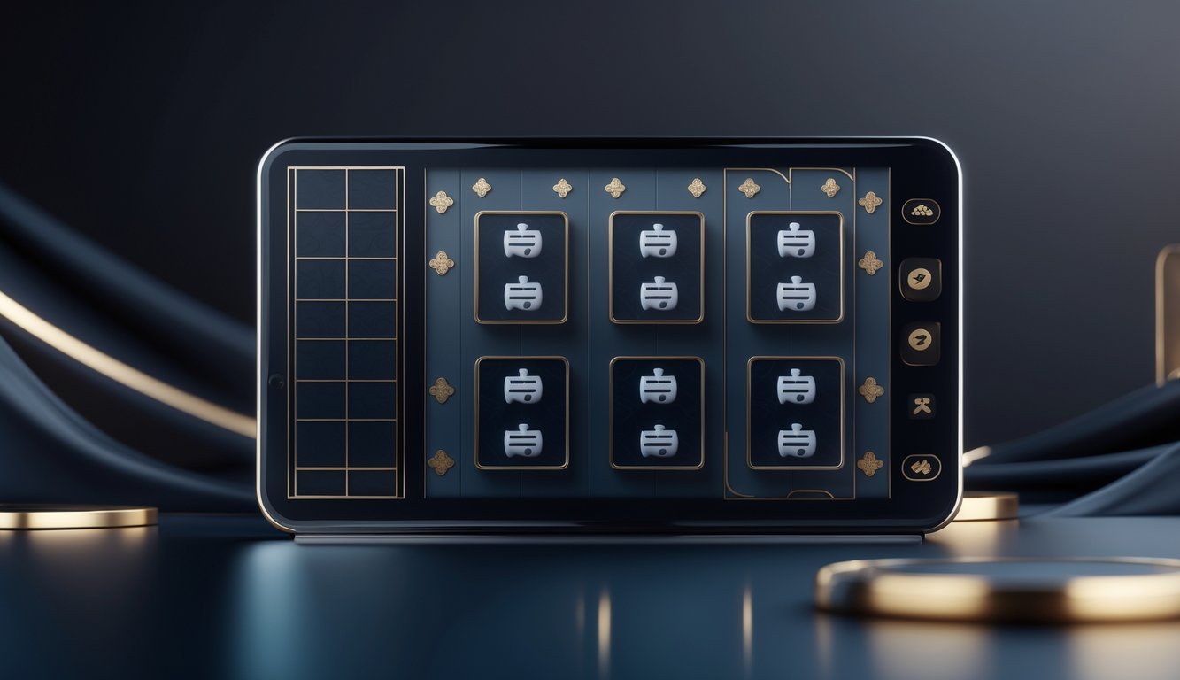 Tampilan antarmuka permainan mesin slot bertema mahjong dengan latar belakang gelap dan desain modern.