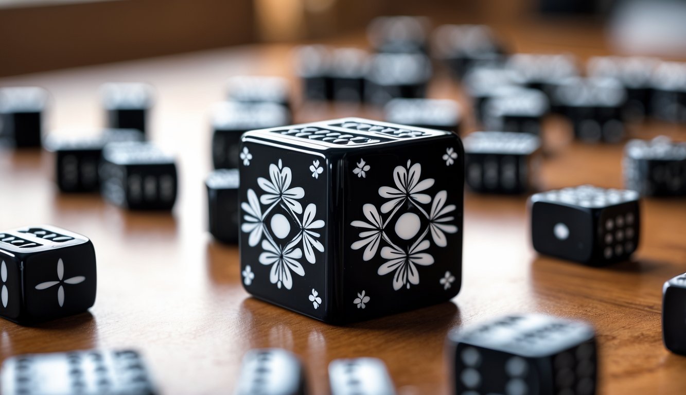 Foto close-up permainan mahjong dengan ubin hitam dan putih yang tersebar di atas meja kayu.