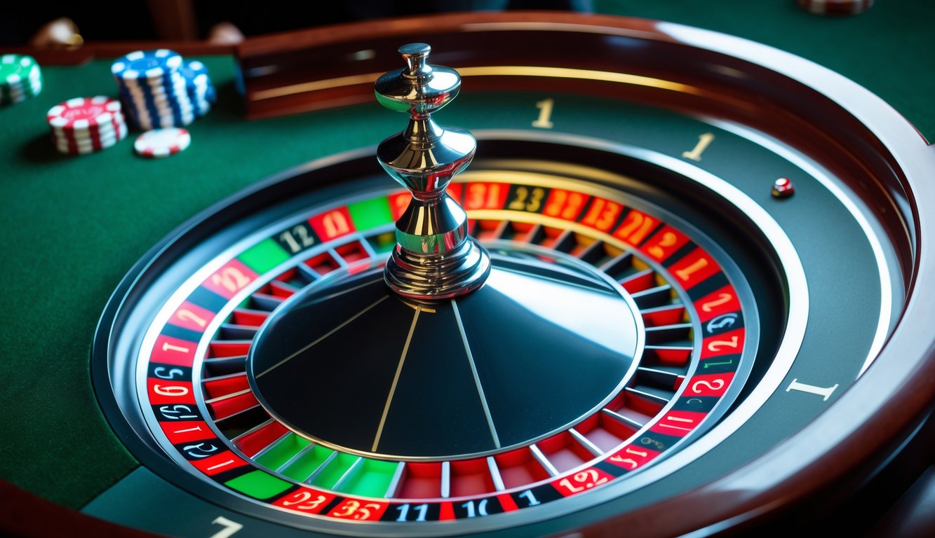 Meja roulette Eropa dengan bola di nomor 1, menampilkan roda roulette dan area taruhan.