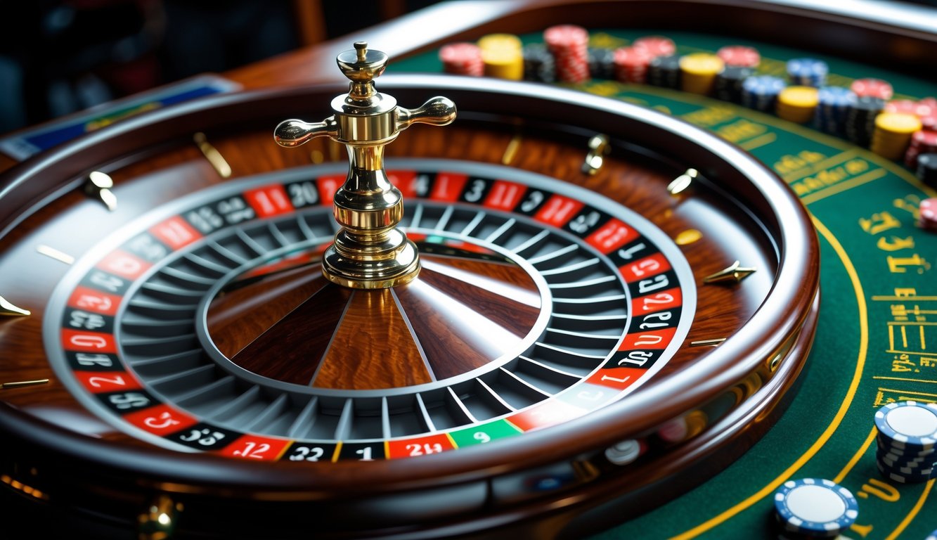 Meja roulette Eropa dengan bola berputar di roda dan chip taruhan di atas meja kasino.
