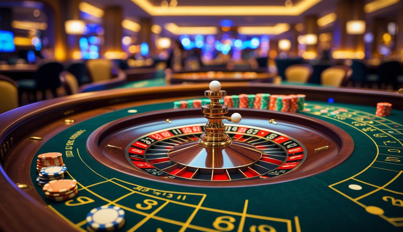 Meja roulette Eropa dengan roda roulette dan chip taruhan di kasino.