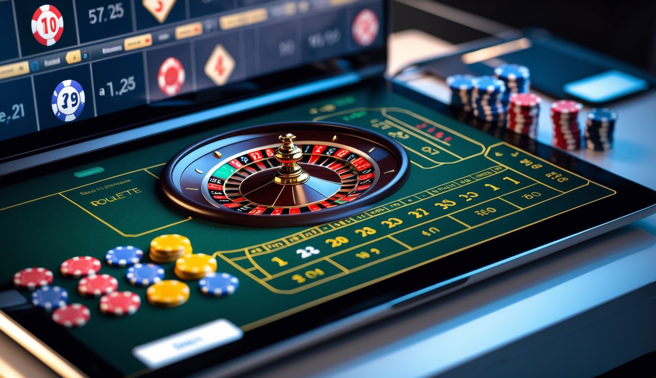 Layar komputer menampilkan permainan roulette Eropa online dengan roda roulette dan meja taruhan.