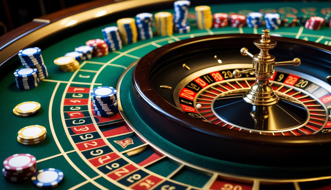 Meja roulette Eropa dengan roda dan chip taruhan di kasino mewah.