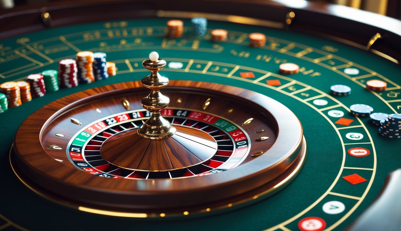 Meja roulette Eropa kecil dengan roda roulette dan chip taruhan di kasino mewah.