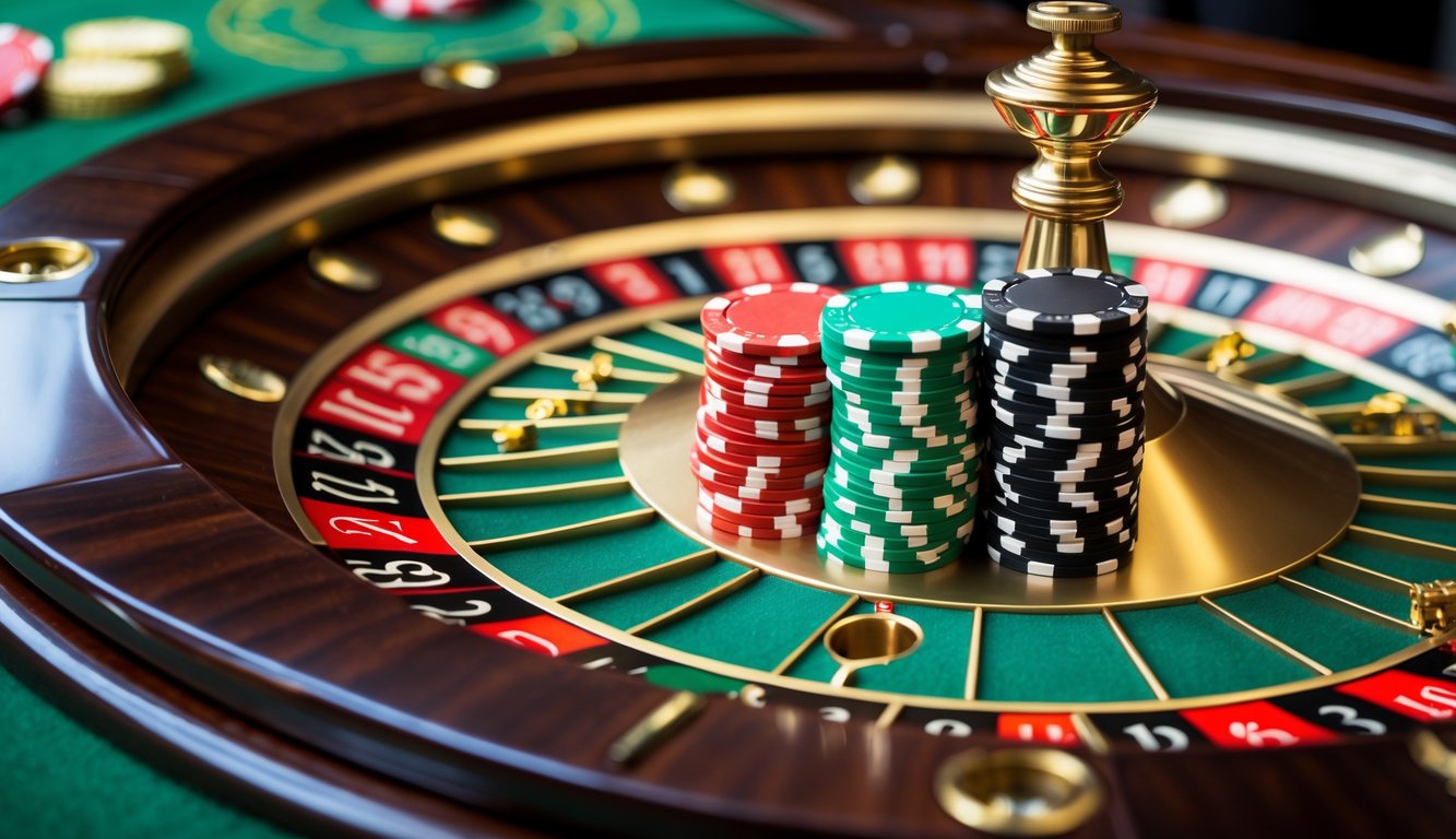 Meja roulette Eropa dengan roda roulette dan tumpukan chip di nomor yang menang.