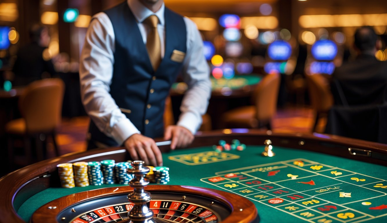 Seorang dealer langsung bermain roulette Eropa di meja kasino dengan roda roulette yang sedang berputar.