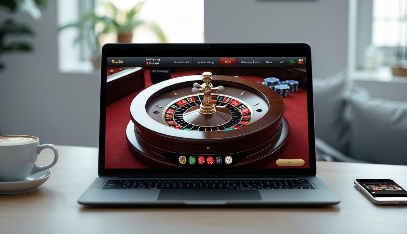 Layar laptop menampilkan permainan roulette Eropa online dengan roda roulette dan bola putih, di meja kerja dengan kopi dan ponsel di sampingnya.