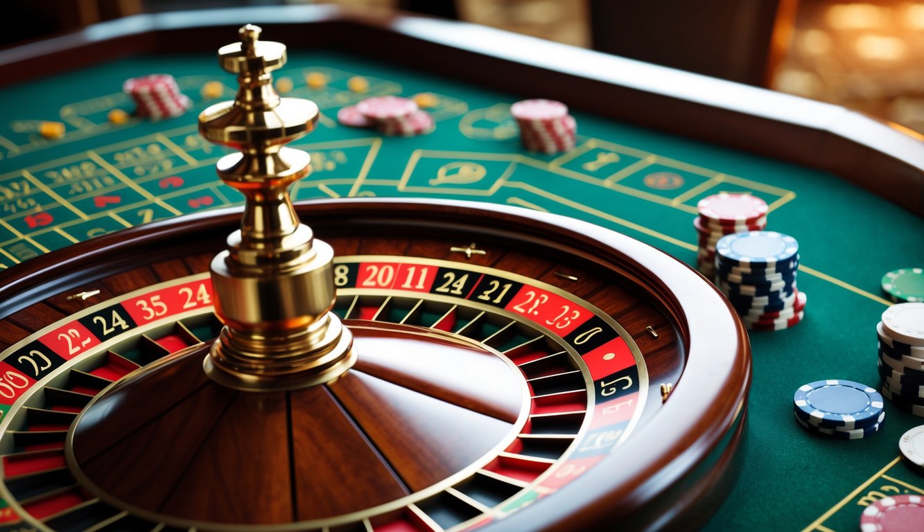 Meja roulette Eropa dengan roda roulette dan chip taruhan di kasino.