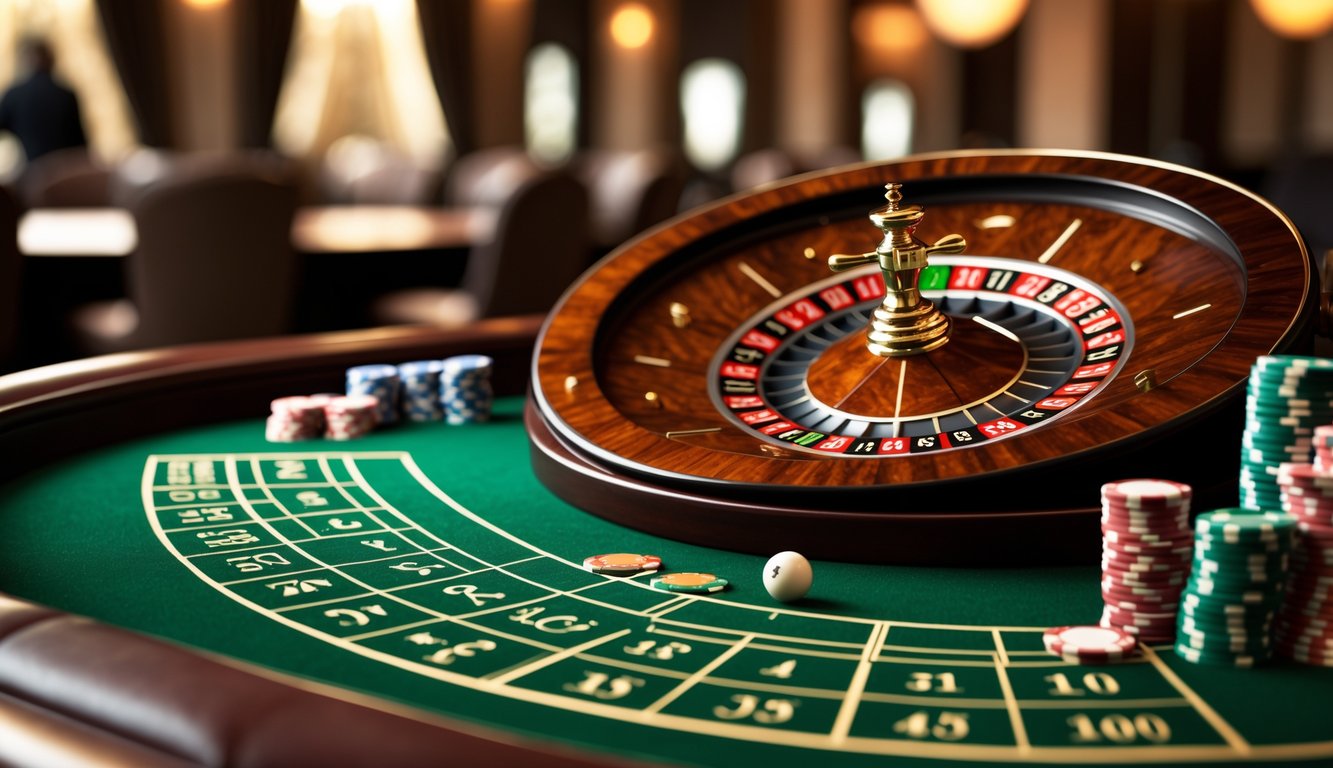 Meja roulette Eropa dengan roda roulette dan bola putih di salah satu angka merah, dikelilingi oleh tumpukan chip di kasino.