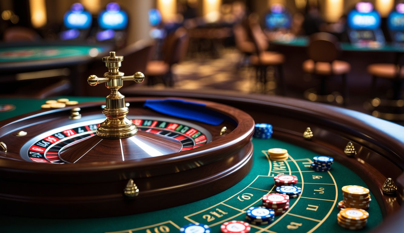 Meja roulette Eropa dengan roda roulette berputar dan chip taruhan di kasino mewah.