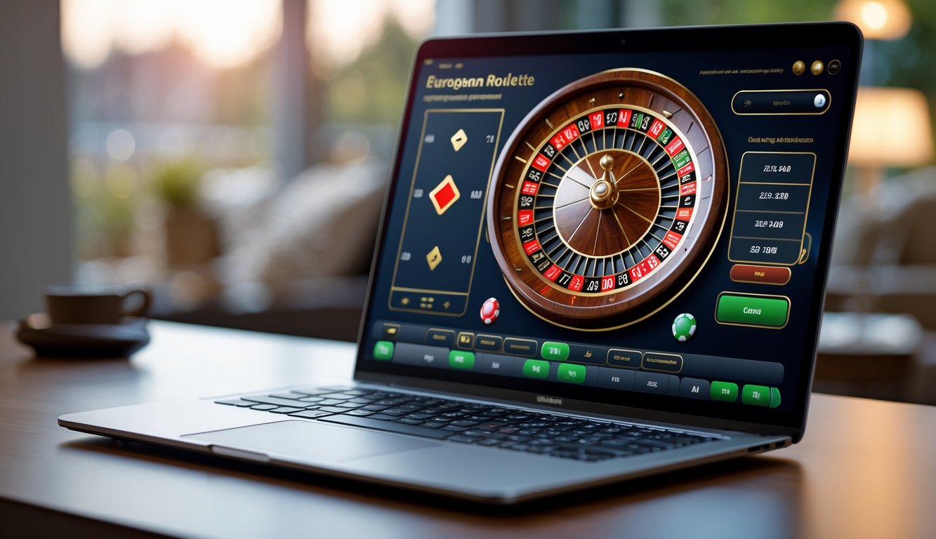 Tampilan layar laptop yang menunjukkan permainan roulette Eropa online dengan roda roulette dan antarmuka kasino digital.